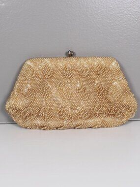 Vintage Cream Faux Pearl Beaded Clutch Bag Kiss Lock Evening Bridal Purse Vtg